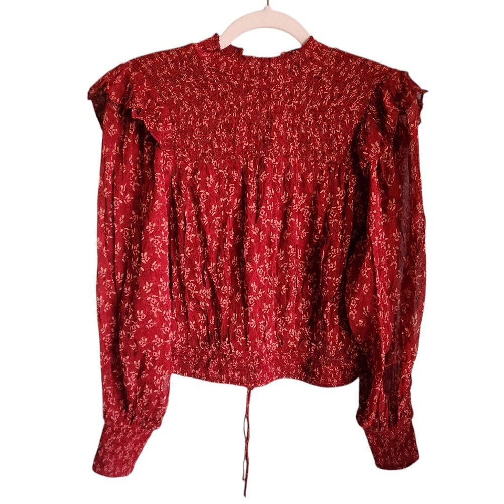 Free People Shirt XS Red Women's Roma Smocked Short Blouse Semi Sheer